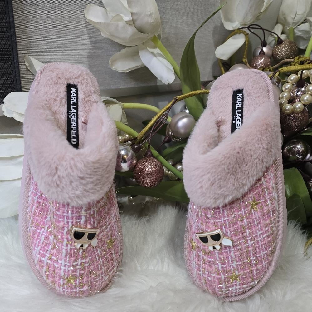 Karl Lagerfeld Hessa Tweed Pink Faux Fur Trim Platform Women's Slides New